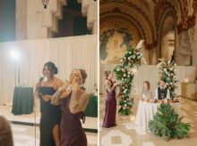 Sisters of the bride give a speech during a wedding reception at the Guardian Building in Downtown Detroit