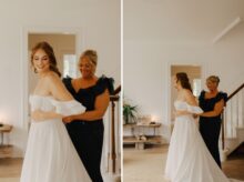 Bride getting dressed with help from her mother in a bright prep room