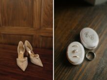 Close up of pearl encrusted Badgley Mischka bridal heels and gold wedding rings displayed on rich wood floors at the Masonic Temple in an elegant flat lay