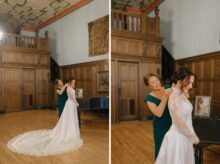 Mother helping bride into the wedding dress she wore on her own wedding day at a Detroit Masonic Temple wedding by Fine art Detroit wedding photographer Heather Jowett