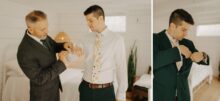 Grooms father helps with cufflinks before wedding ceremony prep