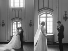 Emotional first look captured in black and white at the Detroit Masonic Temple a perfect location for couples drawn to cinematic storytelling and refined elegance