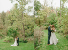 Couple embraces during their fall wedding at Glass House Community