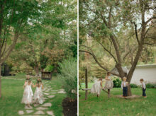 Flower girls and ring bearers play under twinkle lights and apple