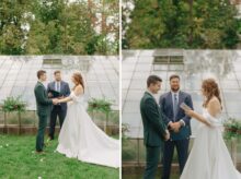 Couple exchanges vows and holds hands in front of the greenhouse during ceremony