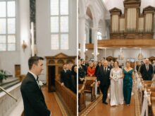 Groom watches with emotion as the bride walks down the aisle at Saints Peter and Paul Jesuit Church her heirloom dress gliding down the classic tiled aisle in this fine art ceremony moment