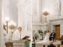 Bride and groom exchange vows in front of the altar at Saints Peter and Paul Jesuit Church captured in cinematic documentary style during their Detroit Masonic Temple wedding weekend
