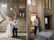 portraits of bride and groom outside the Detroit Masonic Temple at night with champagne spray celebration