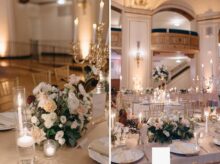 Close up of elegant floral centerpieces and candlelit table settings at a Detroit Masonic Temple wedding reception