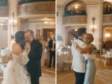 Groom kisses bride on the dance floor in the Crystal Ballroom at the Detroit Masonic Temple with friends and family looking on captured by luxury Detroit wedding photographer Heather Jowett