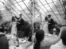 bride and groom kissing as guests raise glasses after their wedding toast