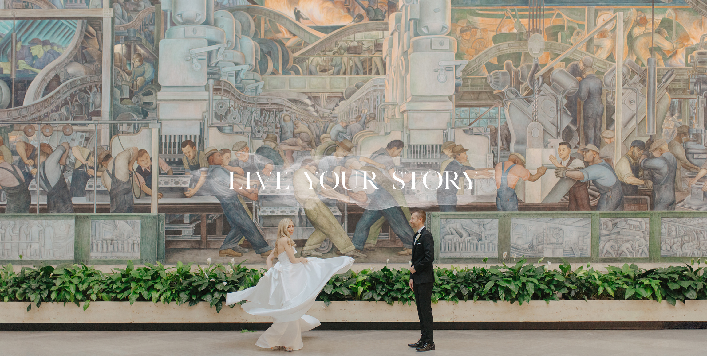 A portrait of a bride and groom in the rivera court of the DIA by Detroit Wedding Photographer Heather Jowett
