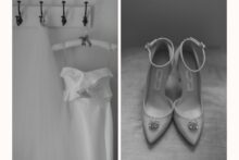 wedding dress hanging in natural light