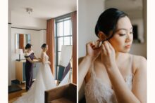 Bride adjusts her earrings while getting ready at the Shinola Hotel in downtown Detroit.