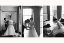 Bride is helped into her wedding dress by her mother in a suite at the Shinola hotel in Downtown Detroit