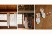 wedding dress hanging in natural light from a large historic bookcase