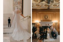 An editorial style wedding party portrait in front of a fireplace