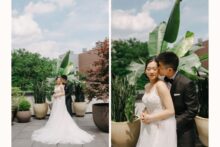 Bride and groom embrace on the rooftop terrace of the Shinola Hotel in Detroit.