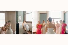 bride revealing dress to bridesmaids