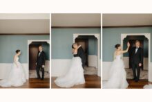 bride sharing a first look with father that ends in a high five