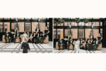 joyful wedding party portrait including the infant son of the bride and groom
