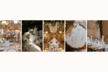 romantic wedding reception tablescape with candles and florals in a barn setting