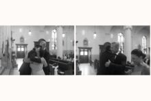 groom hugging parents after walking down the aisle with them