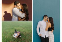 couple laughing together during engagement session