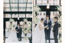 Couple exchanging vows during their wedding ceremony at the Shinola Hotel.