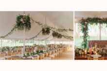 lush wedding reception florals in a tent