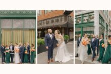 joyful wedding party portrait in Downtown Detroit