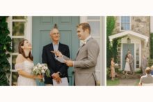 Bride laughing during her groom's vows.