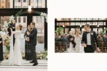 bride and groom walking down the aisle with their son