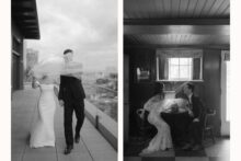 A rooftop wedding couple portrait with wind blowing the brides veil