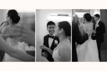 Candids of a bride and groom mingling with guests during cocktail hour.