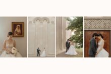 romantic wedding couple portraits outside of a church