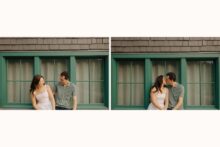 couple laughing together during engagement session