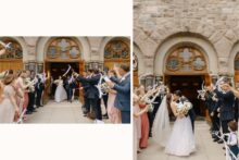 Bride and groom joyfully exiting the church