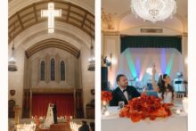 Bride and groom kiss in masonic temple ceremony