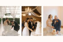 Bride and groom laughing while cutting the cake.