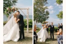 bride and groom share their first kiss during their Bay View Michigan wedding