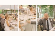 Bride and groom laughing at speeches from their parents
