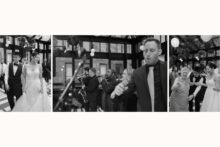 A live band performing at a wedding reception in the birdie room of the Shinola Hotel.