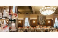 wedding reception details at the detroit athletic club with pink florals and blue and white ceramics
