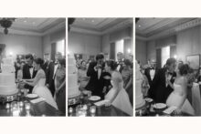 Bride and groom cut their cake in the reading room DAC