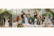Bride and groom laughing during speeches in a greenhouse reception setting.