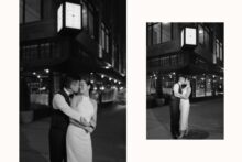 Couple embraces under city lights during their Shinola Hotel wedding.