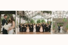 joyful wedding party portrait in a greenhouse