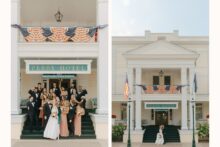 wedding party portraits on the porch of the perry hotel