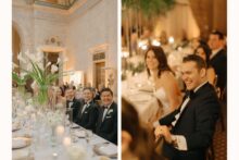 Bride and groom reacting to wedding toasts with laugher.